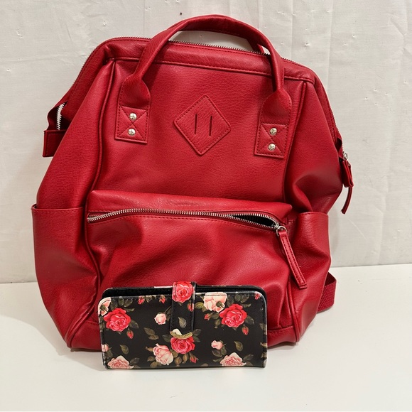 Women’s Red Leather Backpack & Floral Wallet - Picture 1 of 9